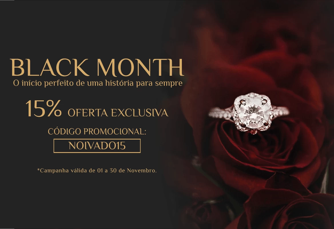 Imagem promocional de anéis de noivado, com imagem de anel sobre rosa, apresentando desconto de 15%