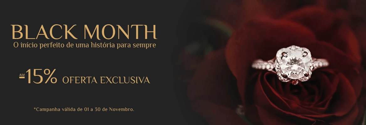 Imagem promocional de anéis de noivado, com imagem de anel sobre rosa, apresentando desconto de 15%