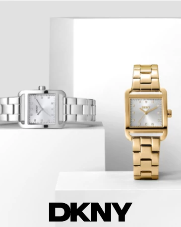 Imagem com dois relógios DKNY, com modelos de caixa quadrada, um de tom prateado e um dourado.